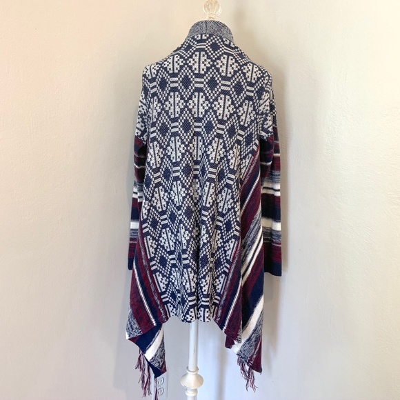Navy and Burgundy Boho Fringe Sweater - Picture 3 of 5
